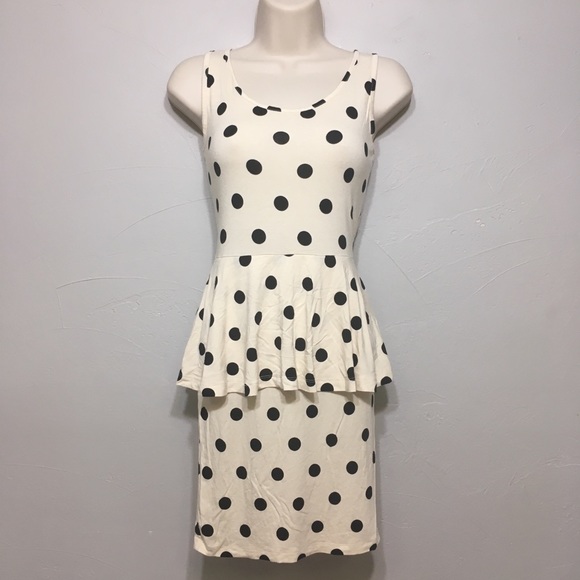 ASOS BLACK CREAM POLKA DOT PEPLUM RETRO MINI DRESS - Picture 2 of 8